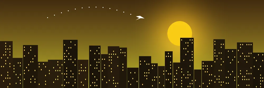Illustrated Delhi skyline at sunset