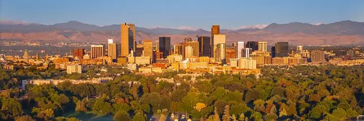 Denver skyline with the Rocky Mountains