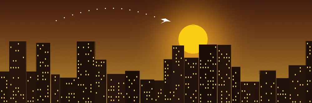 Illustrated Los Angeles skyline at sunset